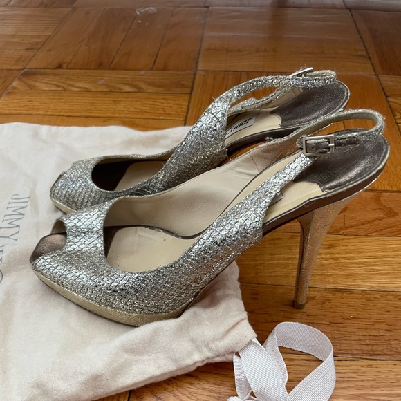 Jimmy Choo Silver/Gold Glitter and Leather Peep Toe Slingback Platform - Picture 2 of 6